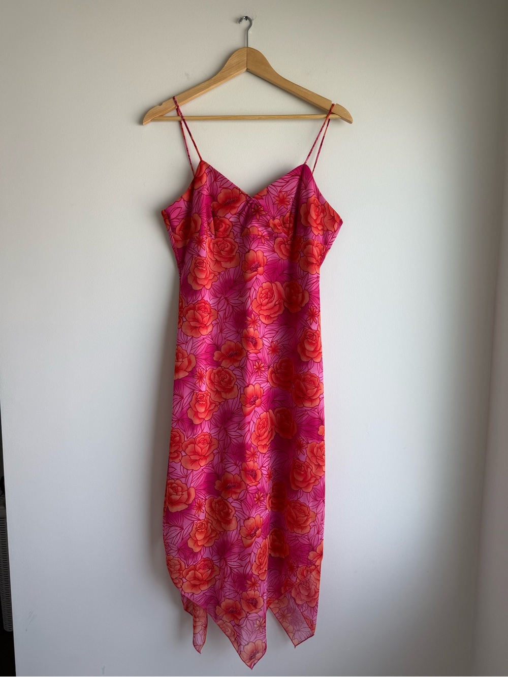 Just Choon Pink Floral Slip Dress Handkerchief Hem Size 13